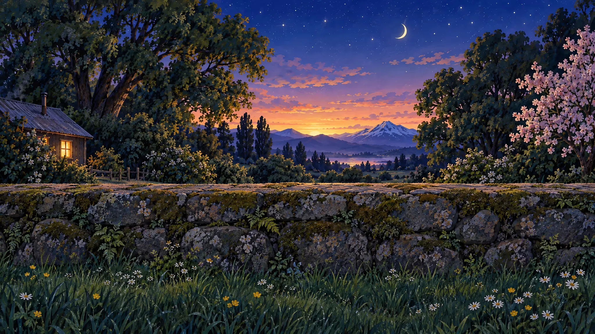 Al amanecer, tres chincoles sobre un viejo muro de piedra: uno canta con el pico abierto, otro escucha y el tercero llega volando, delante de grandes árboles verdes