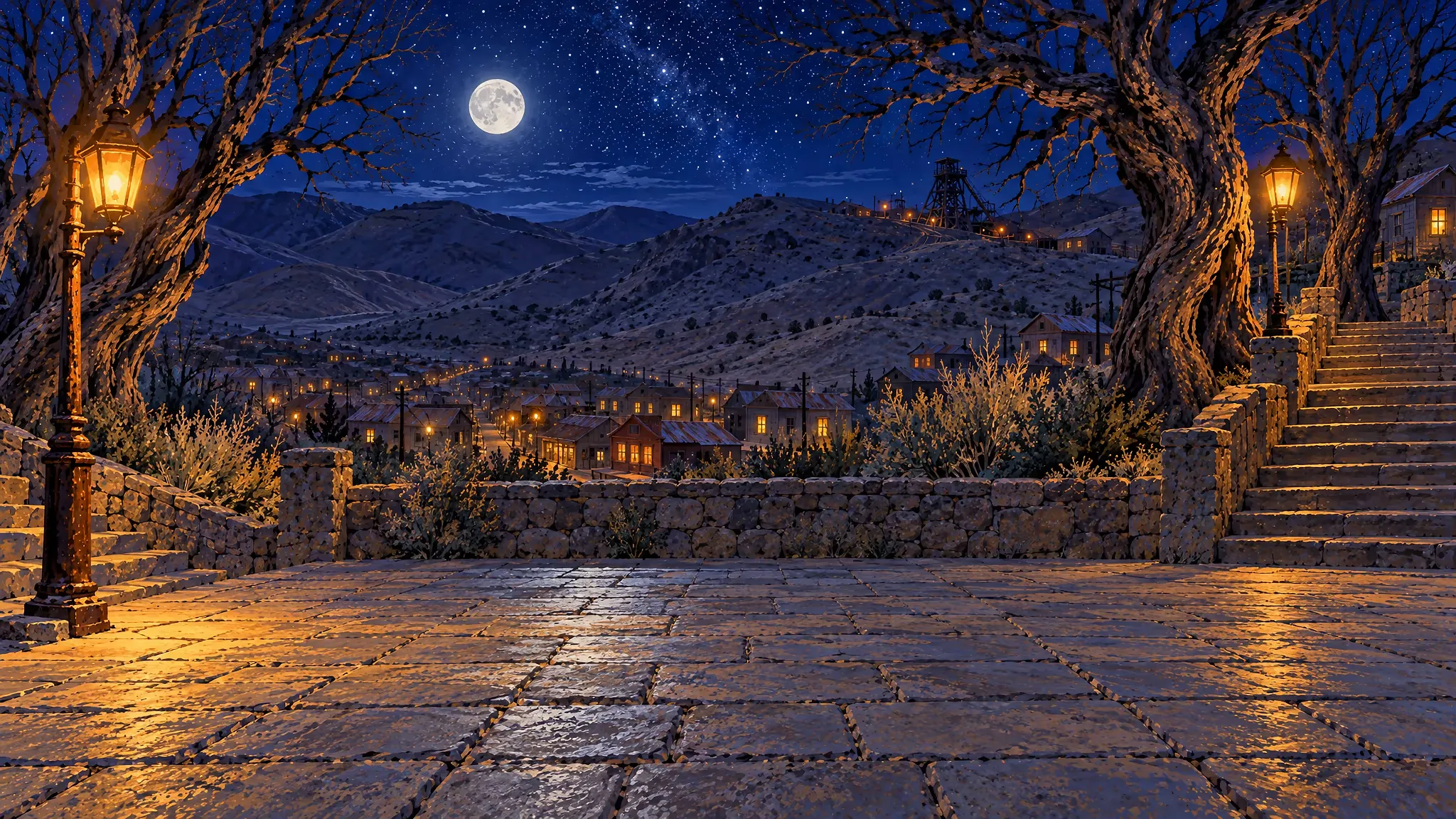 Bajo la luna llena, Fernando y dos de sus amigos bajan riendo por la escalera del pueblo, de vuelta de una fiesta de cumpleaños
