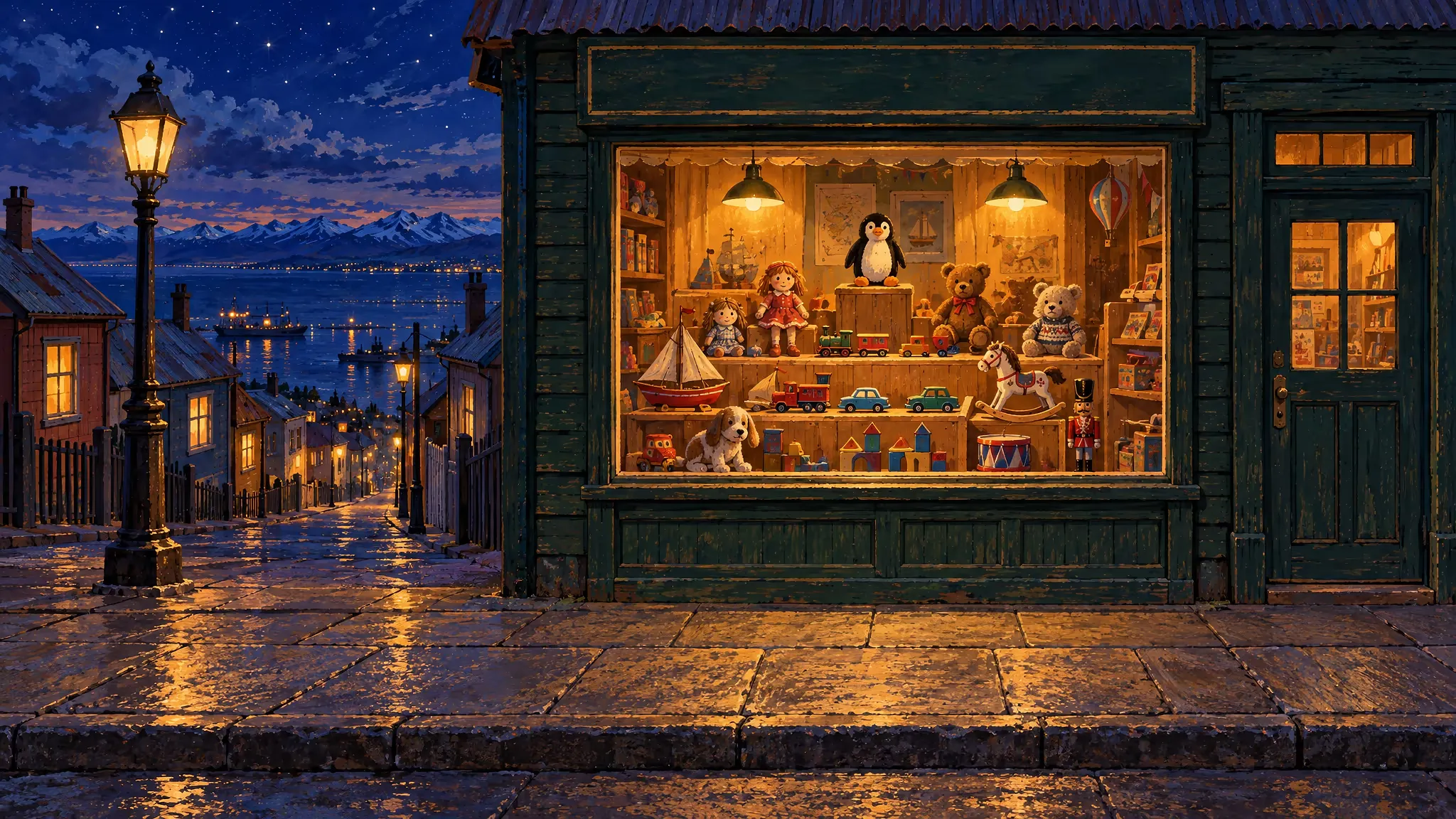 Al anochecer, Mia mira la vitrina iluminada de una juguetería de Punta Arenas, donde un pingüino de peluche parece mirarla