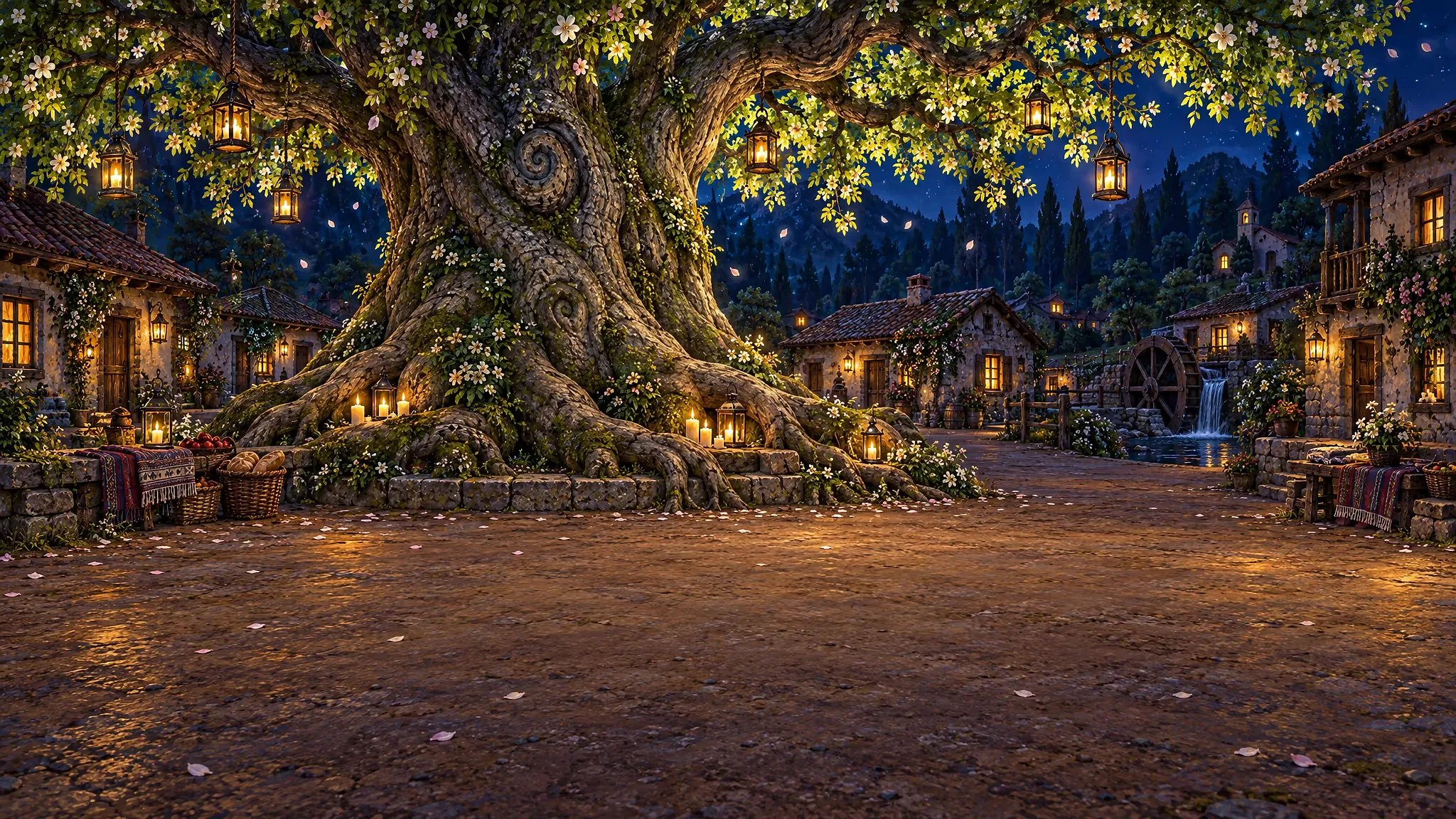 De noche, en la plaza, el niño levanta una linterna y mira hacia arriba el enorme árbol de hojas luminosas que acaba de crecer
