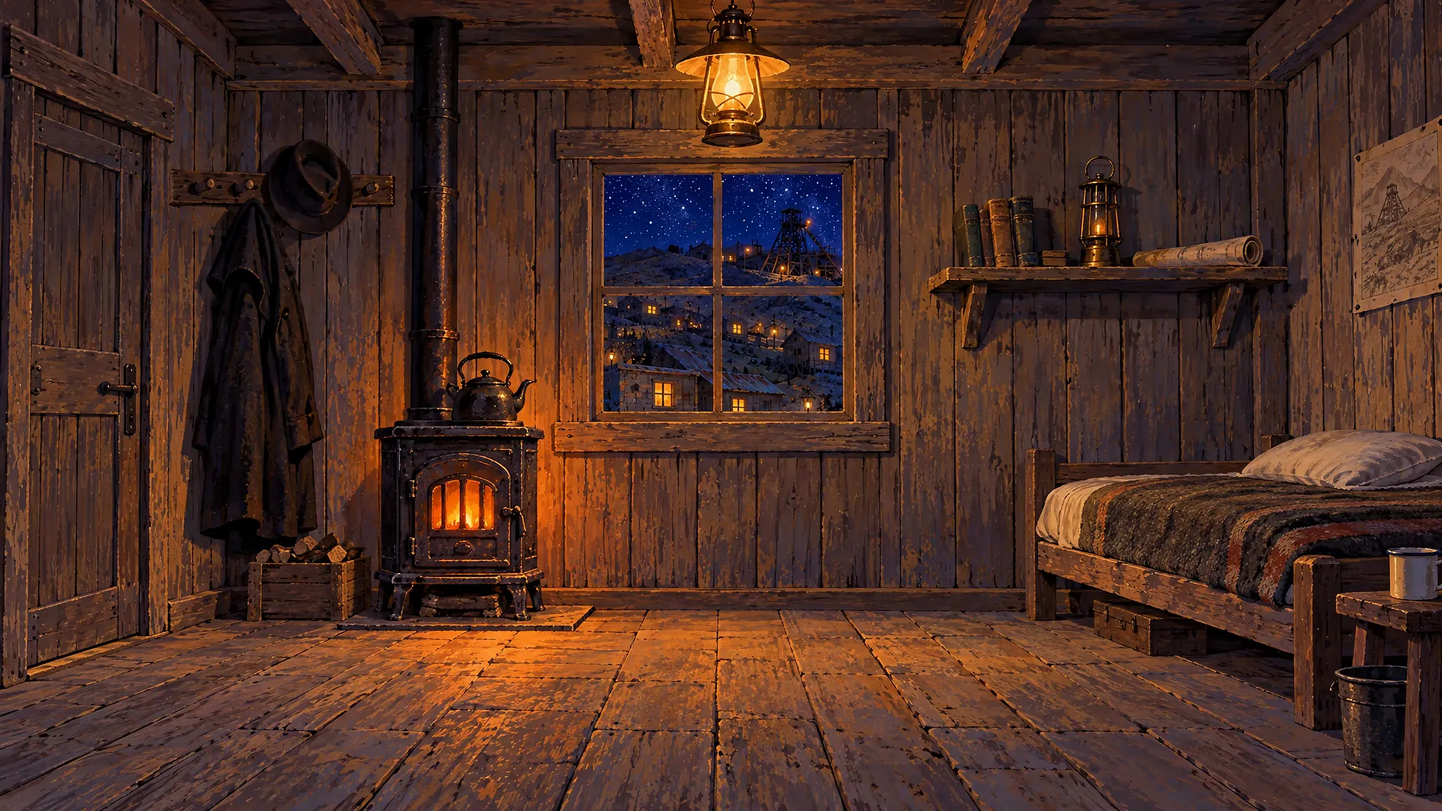 En una casita humilde, el anciano y Fernando conversan sentados a una mesa con pan y agua; el abrigo negro y el sombrero cuelgan junto a la puerta