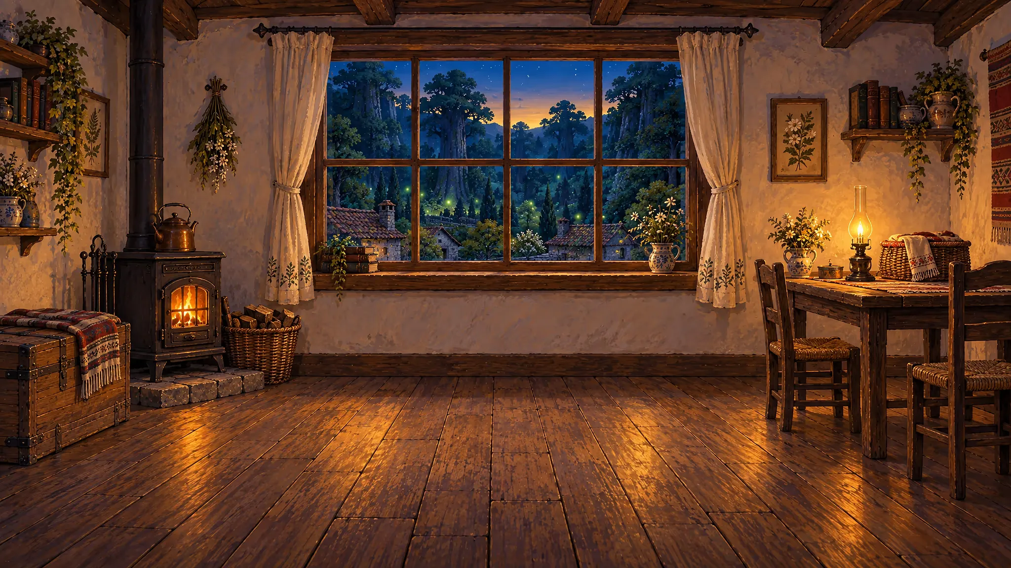 Al atardecer, el niño se arrodilla junto a la gran ventana de la sala y mira el Bosque Encantado, que se extiende como un mar de árboles enormes