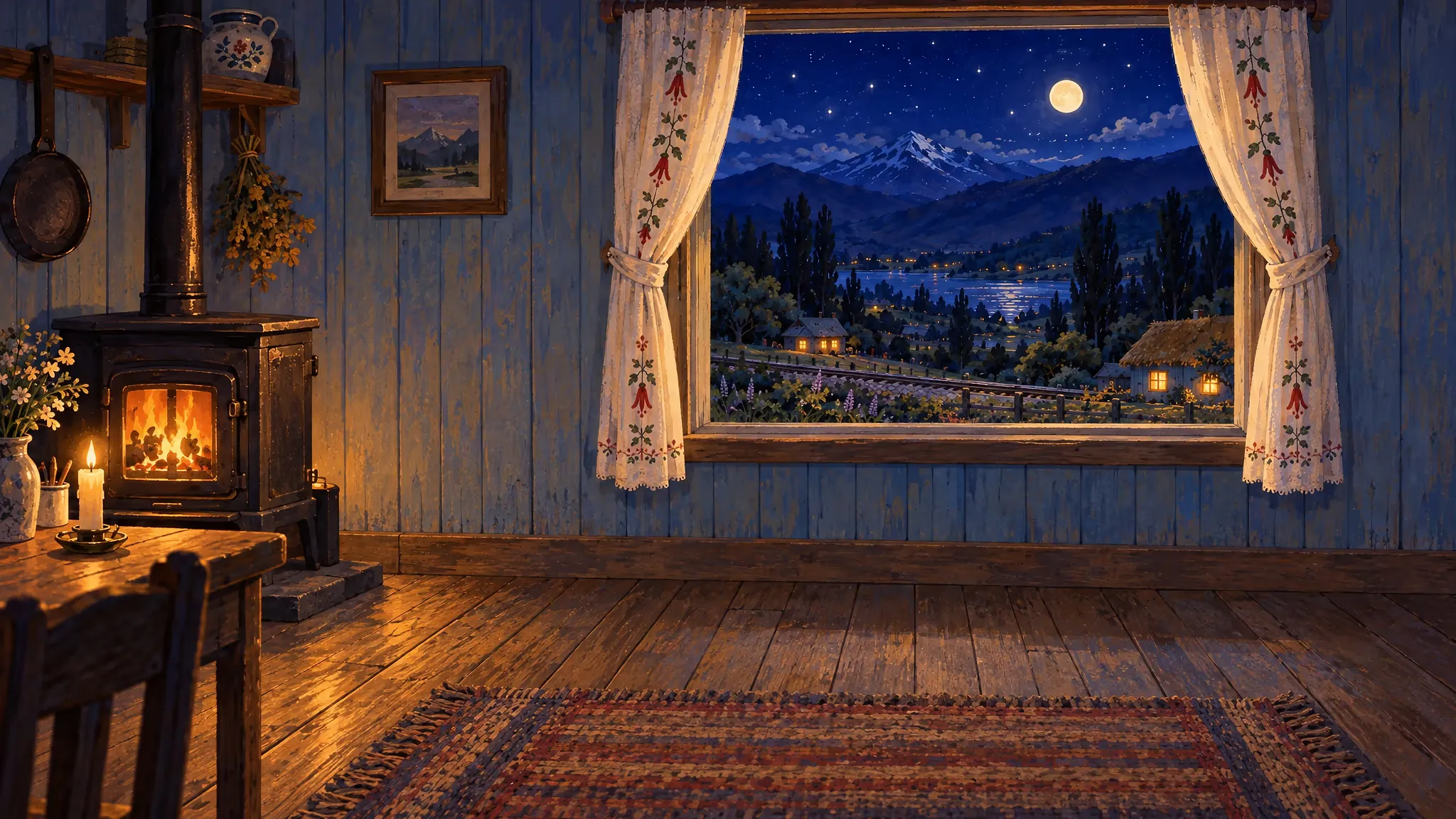 Isabel escribe en su cuaderno junto a la ventana, con el valle y las primeras estrellas al fondo