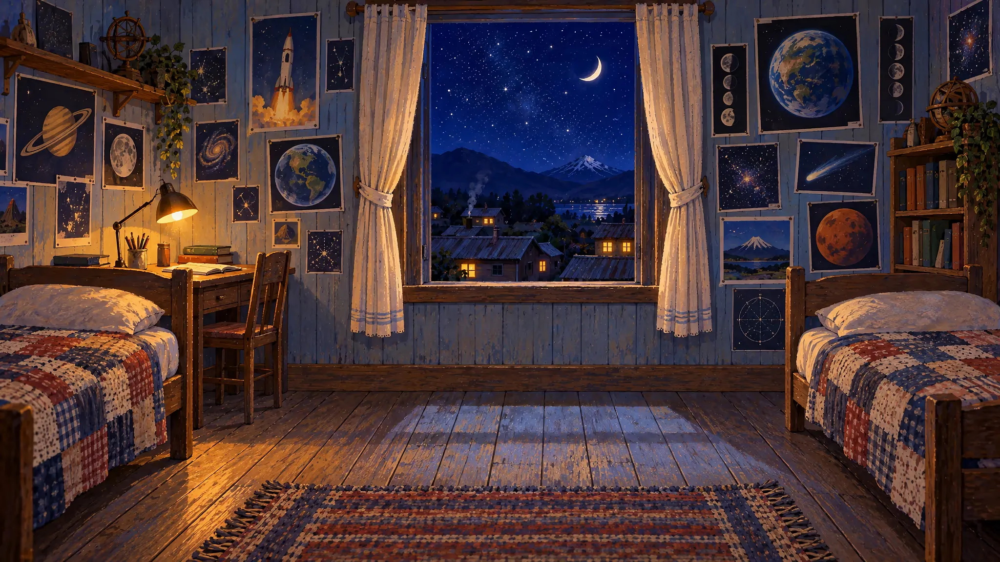 De noche, en su pequeña habitación cubierta de recortes de planetas, los gemelos Mateo y Lucas miran las estrellas por la ventana