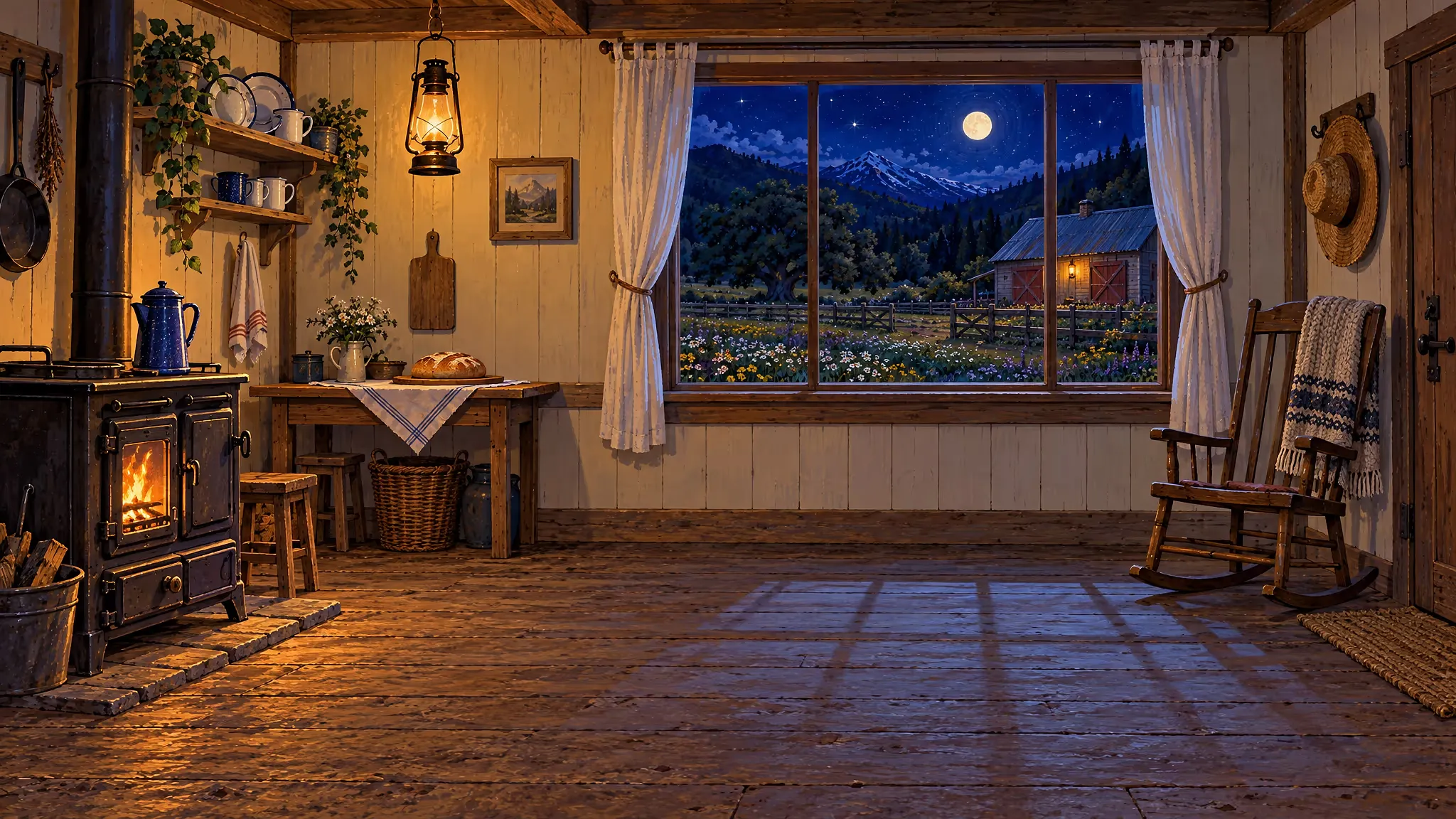 De noche, Don Panchito y Doña Blanquita, ya con el cabello blanco, miran abrazados por la ventana su granja iluminada por la luna llena